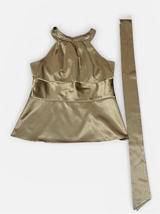 Ann Taylor Silk Cotton Peplum Halter Top w/ Self-Tie Waist in Antique Gold Sz 8 - Picture 6 of 12